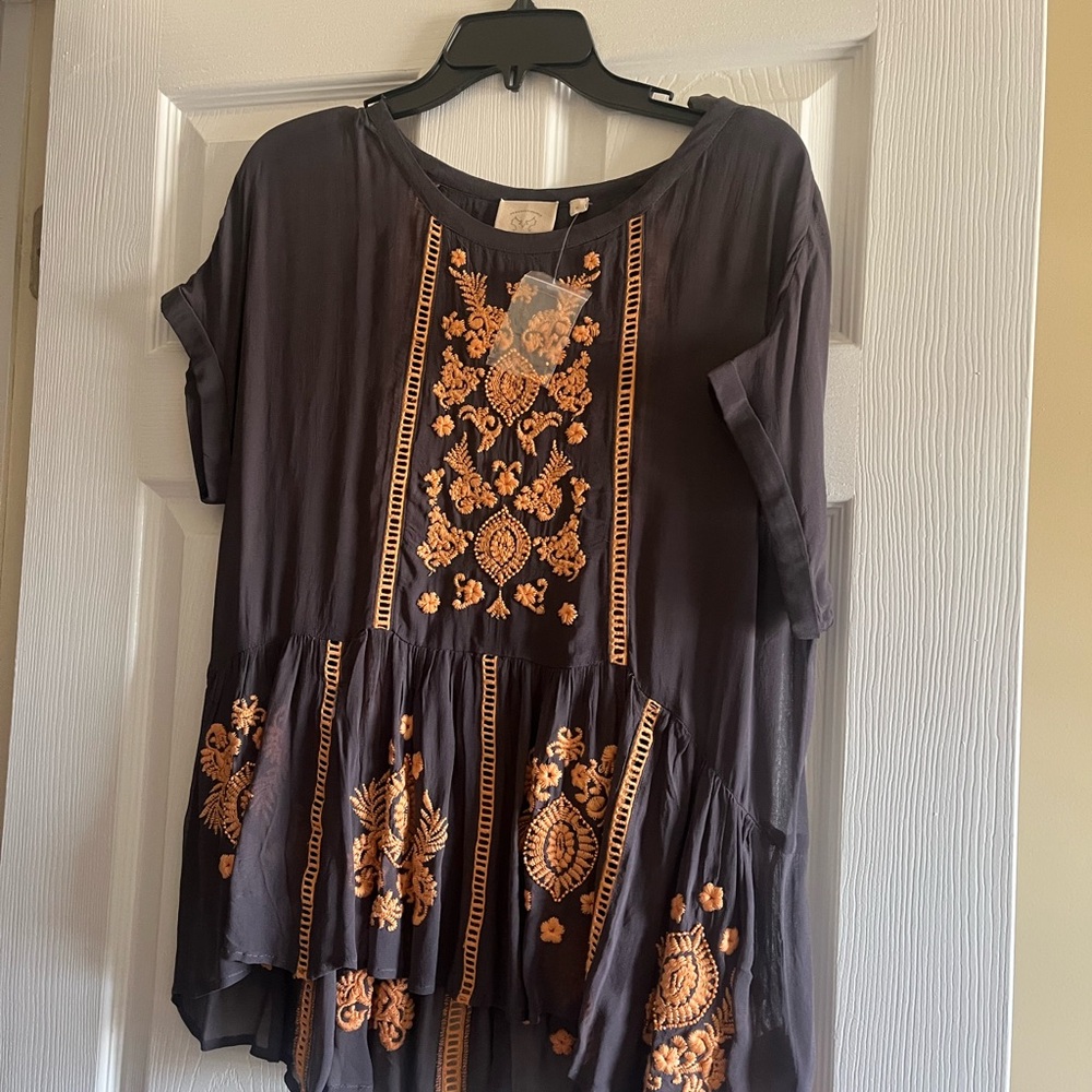 NWT Embroidered Gray and Orange Women's Top by Anthropologie